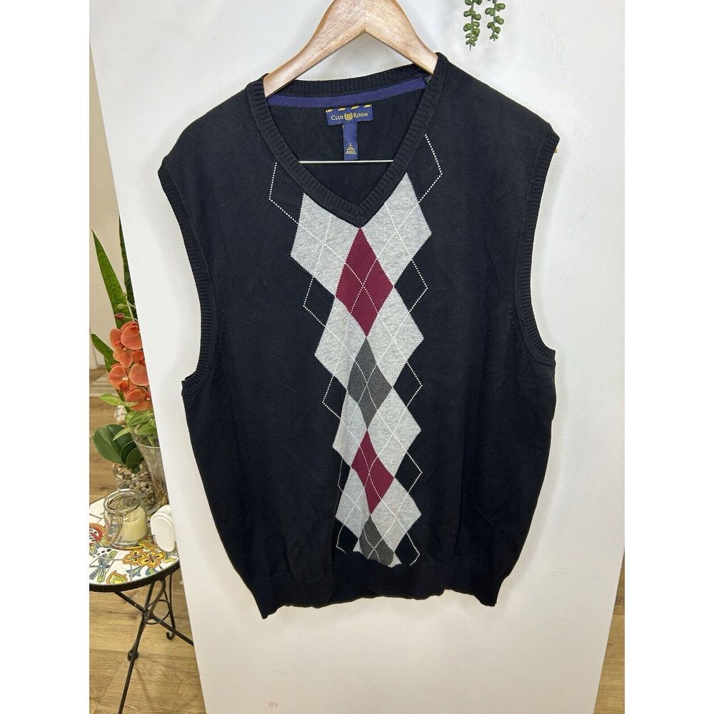 Club Room Men's Argyle Sweater Vest 100% Cotton Black‎ Grey Burgundy Sz Large